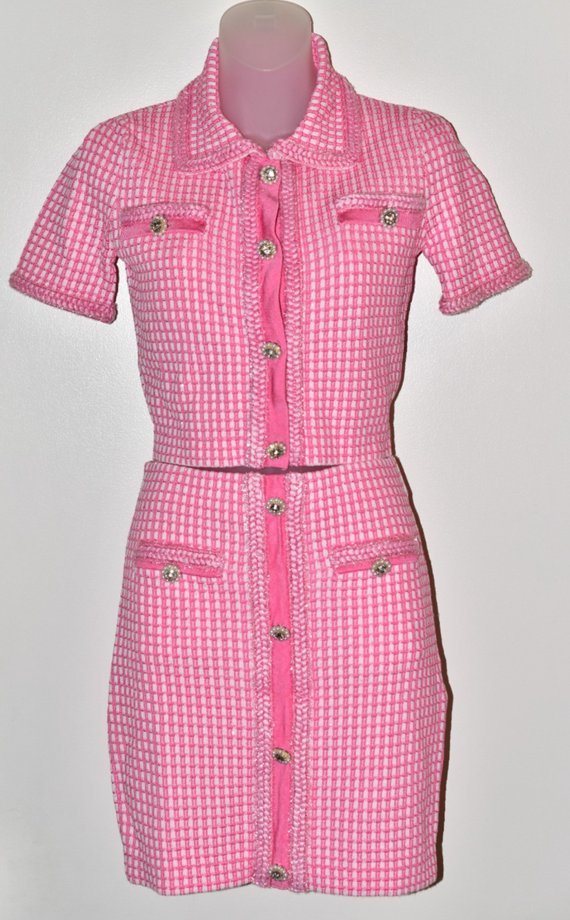 Self-Portrait XS Pink Lurex Knit Top Mini Skirt Set Crystal Pearl Embellished